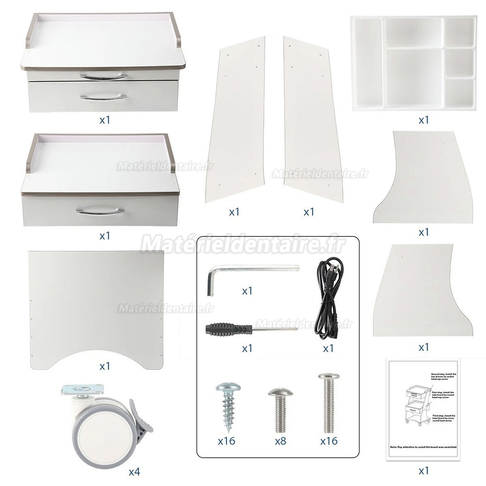Chariot dentaire mobile Dentech G06, Meuble de rangement dentaire avec plateau pour instruments